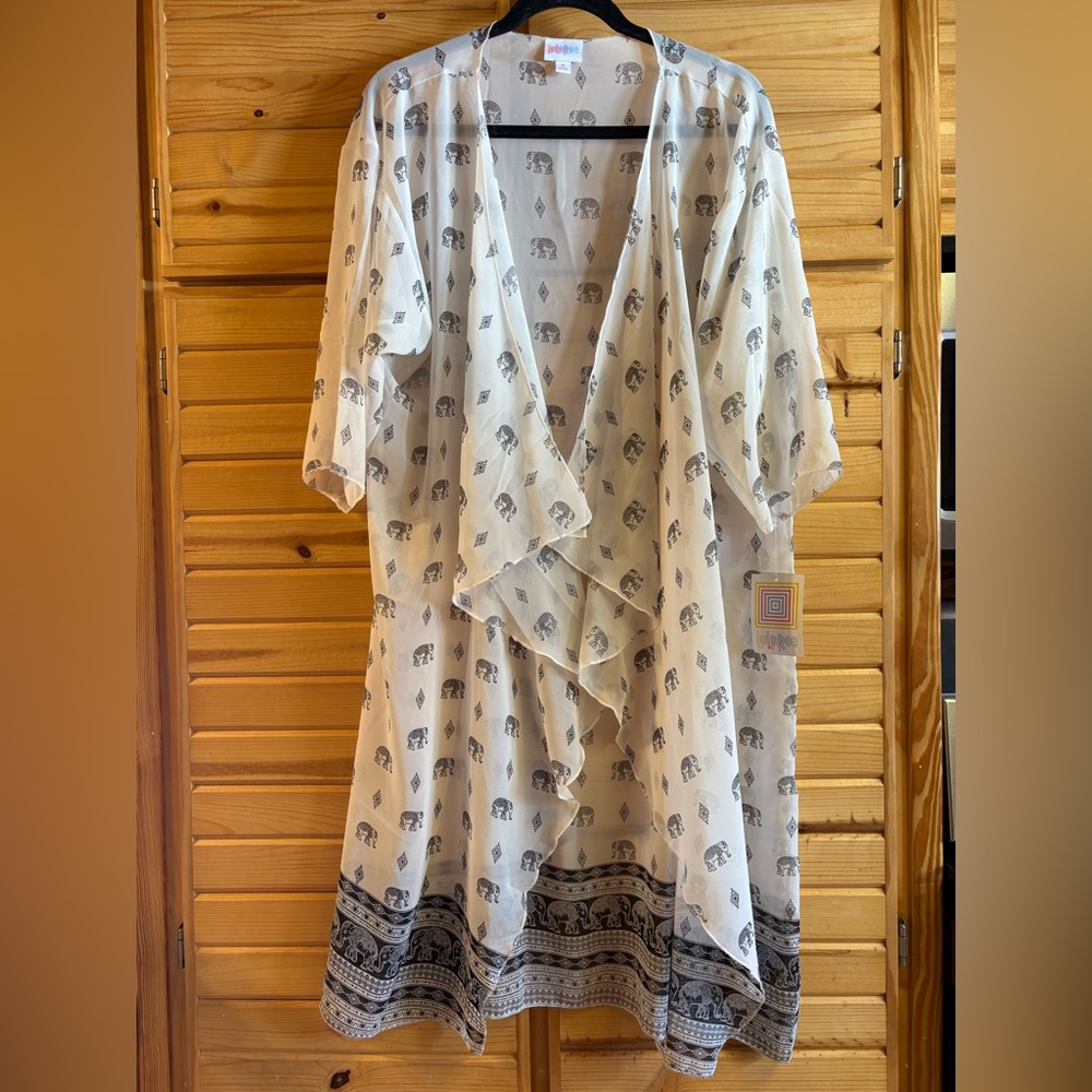 LuLaRoe White with Elephant Pattern Chiffon Shirley Kimono, Size M, NWT